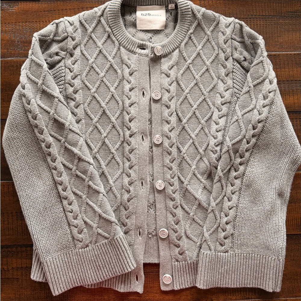 525 America Light Gray Cable Knit Button-Up Cardigan